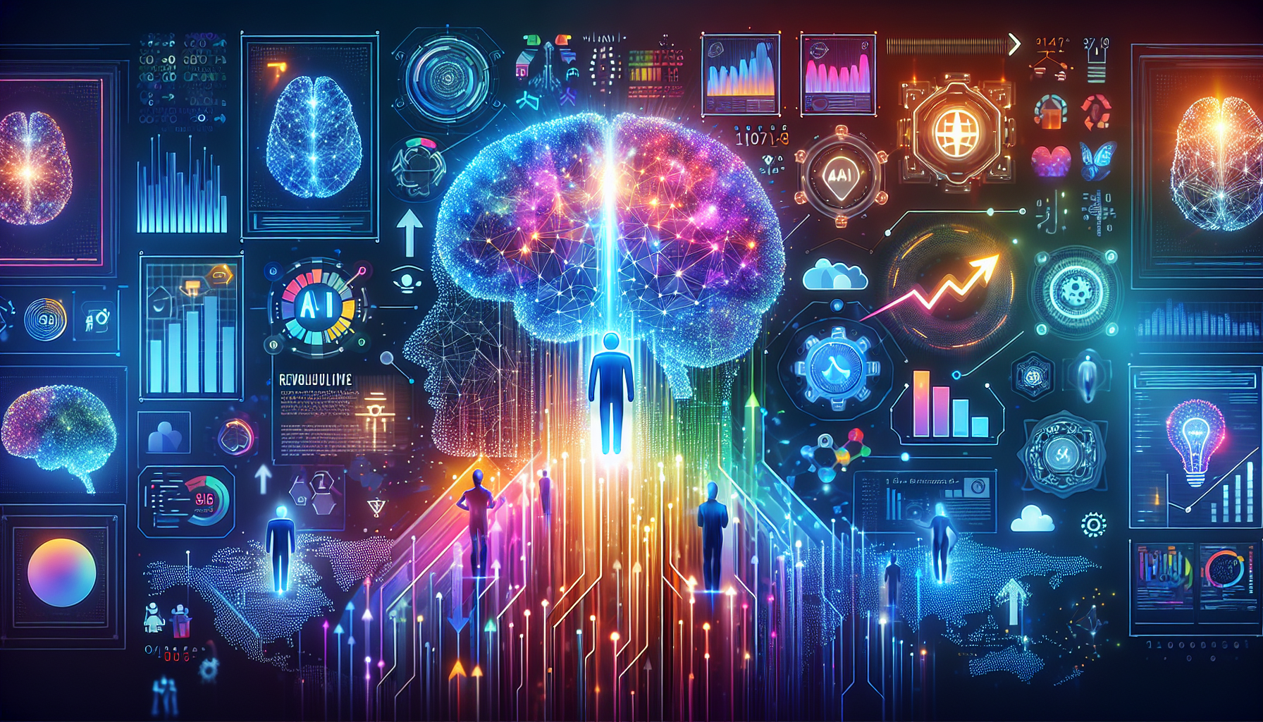 an image of a futuristic scene representing Why AI Lead Generation is Key to Success, featuring a digital network and an AI brain analyzing data streams. People interact with digital interfaces illustrating data-driven marketing strategies, with symbols of growth like upward arrows and charts, suggesting business growth and sales enhancement. The color palette includes shades of blue and white, creating a modern and engaging atmosphere that highlights the transformative power of AI in marketing.
