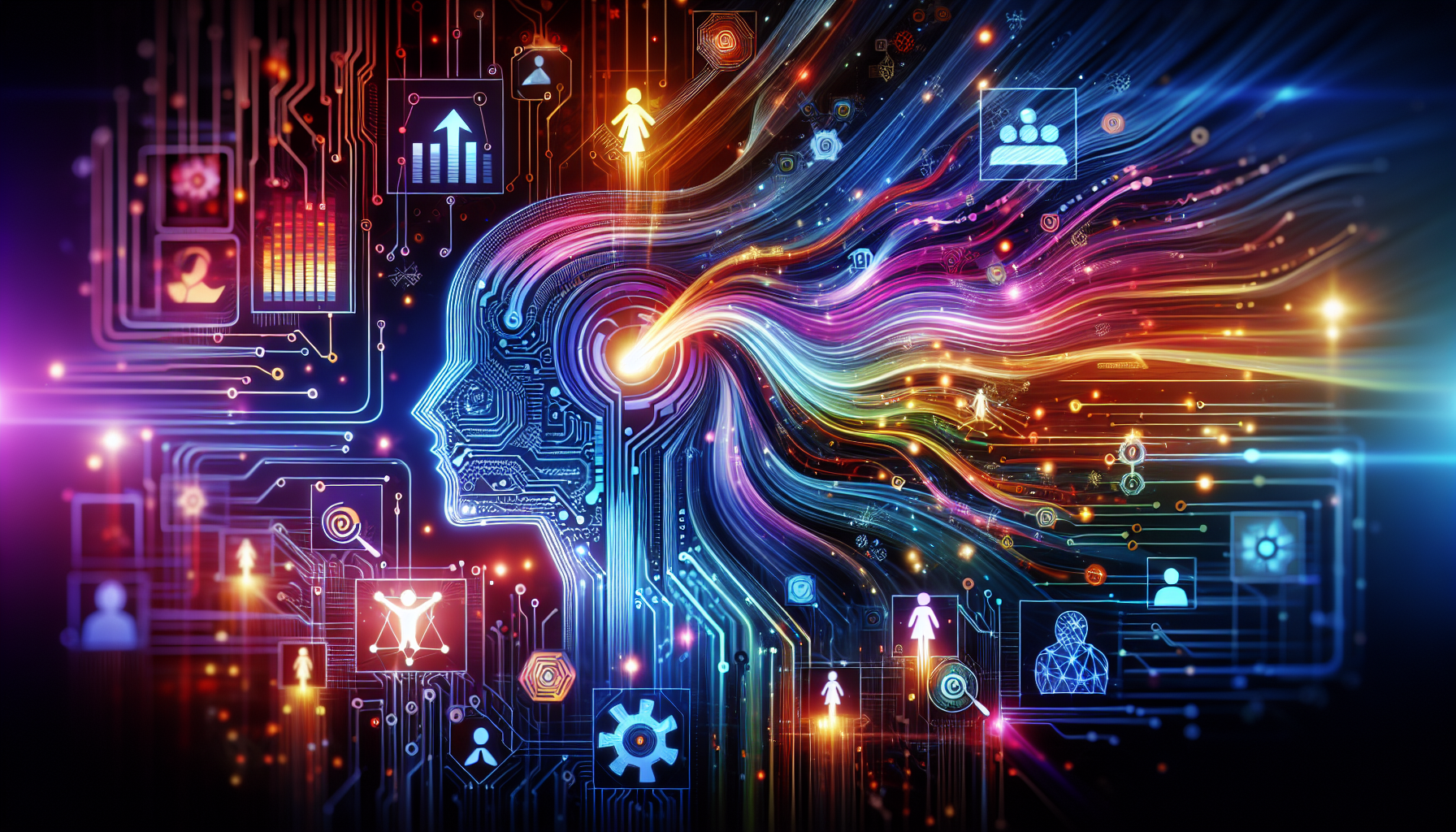 An image depicting 'What makes AI Lead Generation Exciting: Top 5', featuring a dynamic and futuristic digital assistant symbolizing AI's impact on business strategies. The abstract representation of AI is shown through flowing lines and circuitry patterns, illustrating movement and intelligence. Business growth is symbolized by upward arrows and graph lines, intertwined with digital motifs, signifying the fusion of business and technology. Precision targeting is represented by laser targets and digital fingerprints, while silhouettes of diverse individuals connected by a digital network emphasize engagement and scalability. The color palette of '#689fb0', '#9ec5d1', '#6972ad', '#474f91', and '#fff' highlights innovation and professionalism.