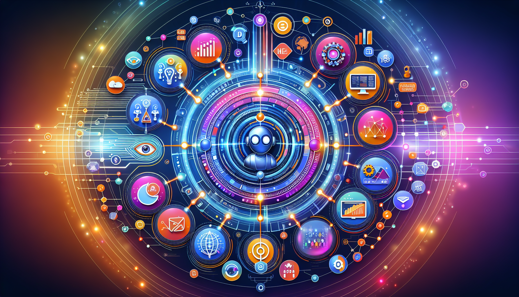 an image of a vibrant and engaging 16:9 digital illustration representing AI Lead Generation with a futuristic AI interface showcasing interconnected digital elements symbolizing predictive analytics, chatbots, personalized marketing, automated CRM, lead scoring, social media monitoring, and content recommendation, using the hex color palette ['#689fb0', '#9ec5d1', '#6972ad', '#474f91', '#fff']