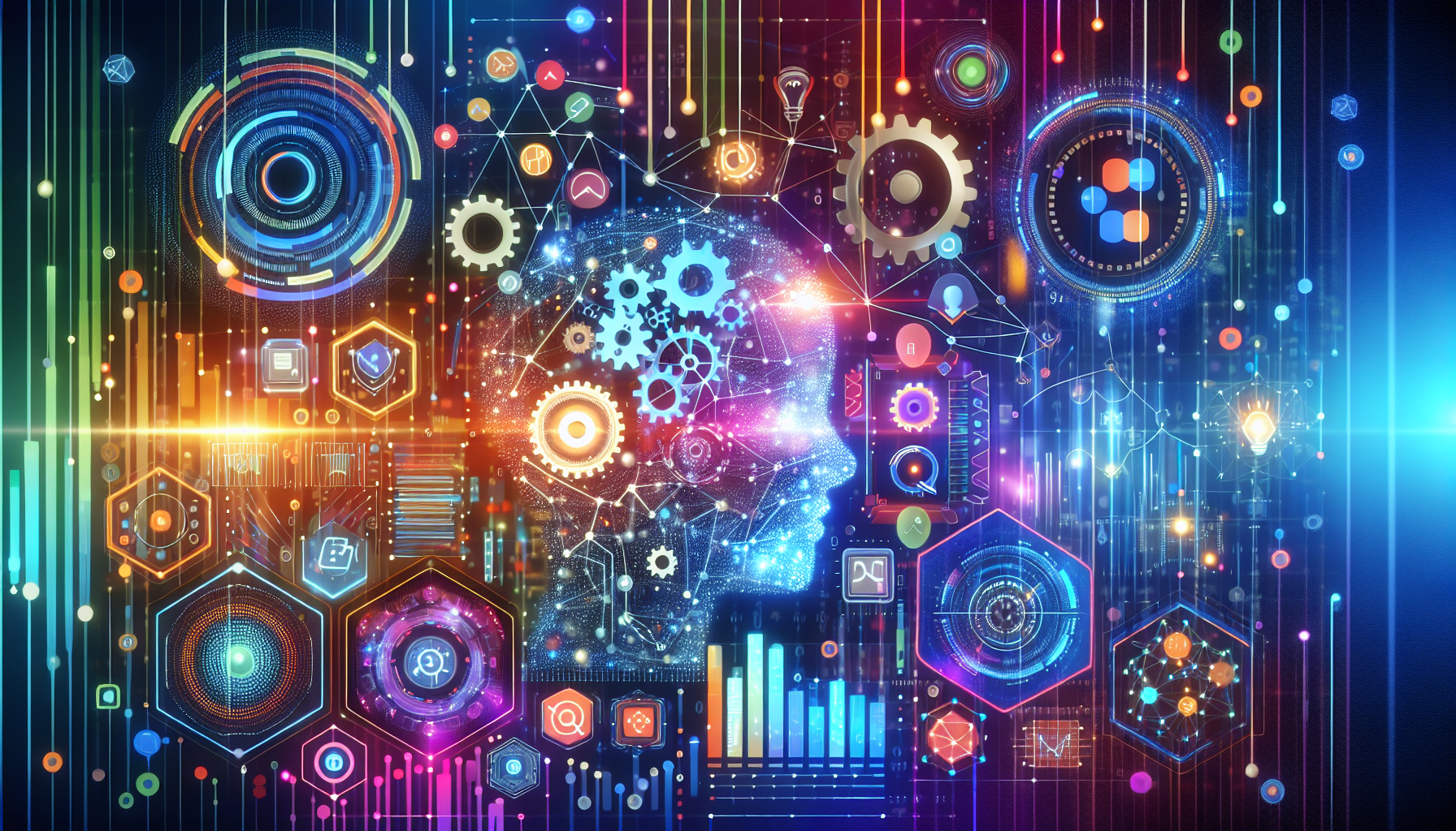 An image of interconnected digital networks, abstract AI algorithms, and futuristic marketing concepts representing 'Guide: 9 Exciting Paths with AI Marketing'. Features gears, data patterns, chatbots, and paths like predictive analytics, content personalization, and marketing automation. Uses a vibrant color palette of '#689fb0', '#9ec5d1', '#6972ad', '#474f91', '#fff' to symbolize innovation and efficiency.