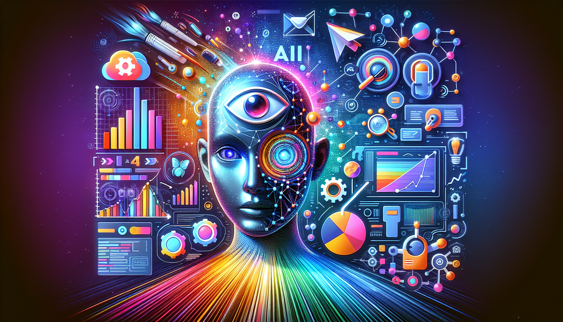 an image of a modern, vibrant 16:9 design representing the transformative power of AI in marketing, featuring digital data flows, personalized customer interactions, and automated efficiency. The composition includes stylized elements like a marketing funnel or customer journey, AI icons, and digital interfaces, all in a cohesive color scheme of #689fb0, #9ec5d1, #6972ad, #474f91, and #fff. The image prominently displays the text 'Guide: 5 Reasons AI Elevates Your Marketing,' harmoniously integrated to capture attention and convey the article's essence, appealing to tech-savvy and creative audiences.