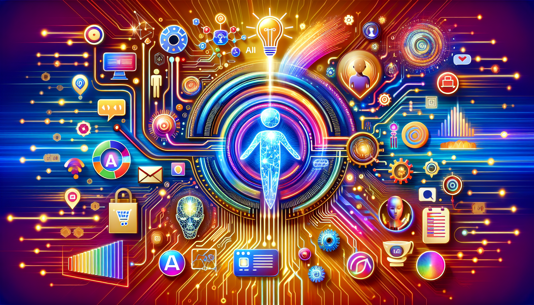 an image of AI lead generation featuring dynamic data streams, fast-moving lines, marketing funnel, crystal ball, circuit patterns, chatbot icons, diverse customer avatars, and vibrant colors representing innovation in marketing, titled 'Guide to AI Lead Generation: 5 Exciting Tips'.