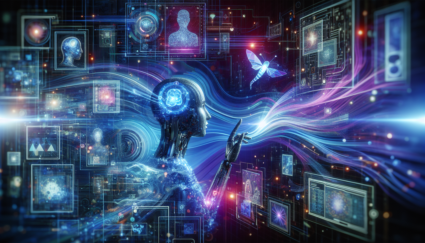 an image of AI revolutionizing lead generation, representing interconnected data streams, digital personas, abstract AI technology, precision targeting, automation, personalization, futuristic atmosphere, technological advancement, and transformative impact on marketing strategies, featuring colors '#689fb0', '#9ec5d1', '#6972ad', '#474f91', '#fff'