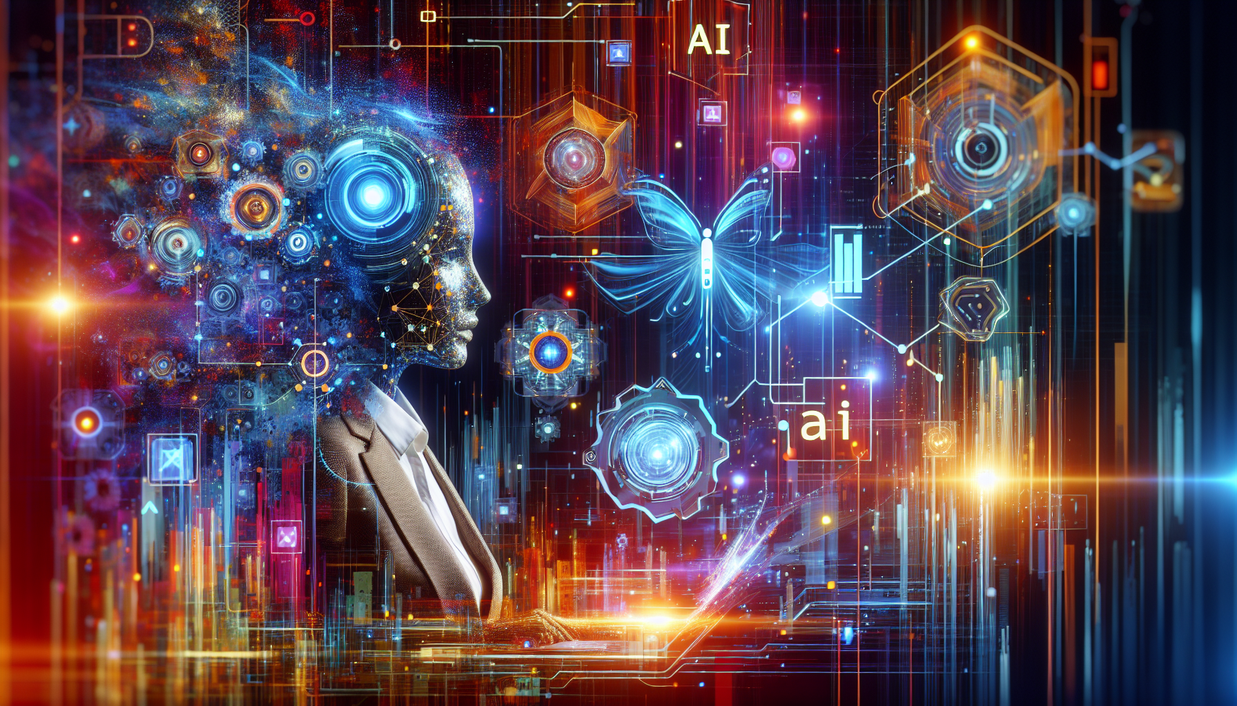 an image of a vibrant 16:9 scene representing AI lead generation excellence with digital data streams, interconnected networks, and a business professional interacting with AI technology, using hex colors #689fb0, #9ec5d1, #6972ad, #474f91, and #fff. The image symbolizes efficiency, precision targeting, and the transformative impact of AI in marketing, highlighting personalization, automation, and smart technology in revolutionizing business growth.