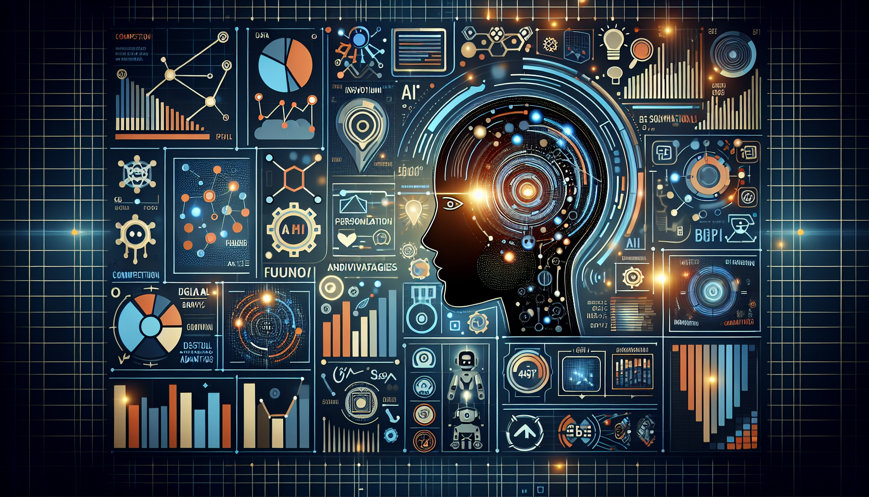 an image of a vibrant 16:9 scene representing the transformative impact of AI marketing on businesses, featuring themes of efficiency, personalization, innovation, and competitive advantage. The color palette includes hex codes ['#689fb0', '#9ec5d1', '#6972ad', '#474f91', '#fff'], creating a modern, tech-savvy aesthetic. Elements such as data analytics symbols, a digital assistant or robot, and personalized marketing graphics are integrated to convey AI's role in enhancing business growth. Subtle nods to futuristic technology, like AI-driven interfaces or abstract digital patterns, emphasize AI marketing solutions' forward-thinking nature.