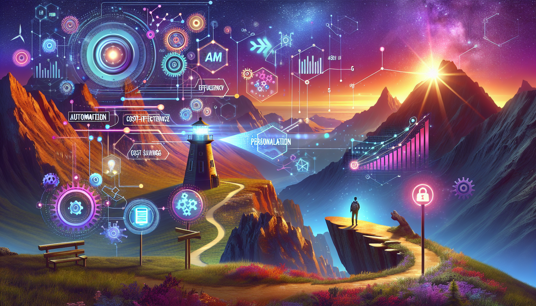 A vibrant and dynamic 16:9 image visually encapsulating the concept of AI marketing driving business adventure, featuring a futuristic landscape where technology and creativity intersect. Elements include gears and circuits for automation, a graph or digital interface for cost savings, and a user profile icon for personalization. The color scheme incorporates #689fb0, #9ec5d1, #6972ad, #474f91, and #fff, conveying movement and innovation, highlighting SMBs on a growth journey powered by AI marketing strategies.
