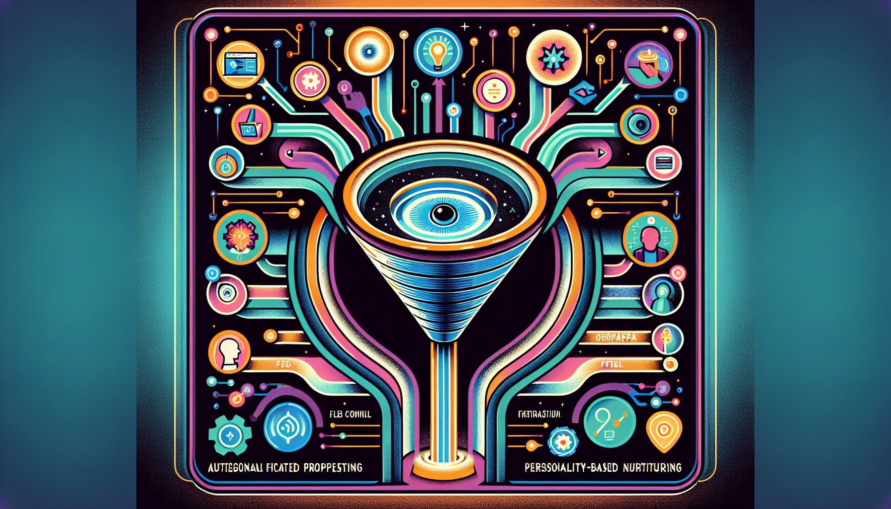an image of a digital funnel representing AI-driven lead generation with abstract circuit patterns and stylized AI icons, featuring the title 'Guide to 5 Exciting AI Lead Generation Tools' and elements of automated prospecting, personalized outreach, personality-based nurturing, conversational marketing, and predictive analytics, with a color palette of #689fb0, #9ec5d1, #6972ad, #474f91, and #fff.