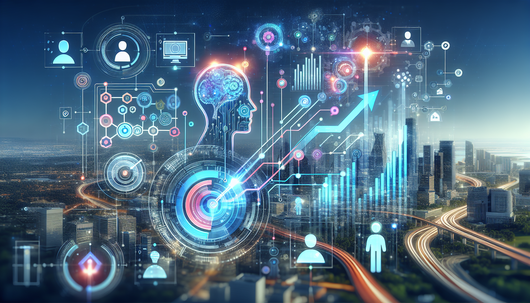 an image of AI technology integrated into a business environment, representing AI lead generation, efficiency, and innovation with a color palette of ['#689fb0', '#9ec5d1', '#6972ad', '#474f91', '#fff']