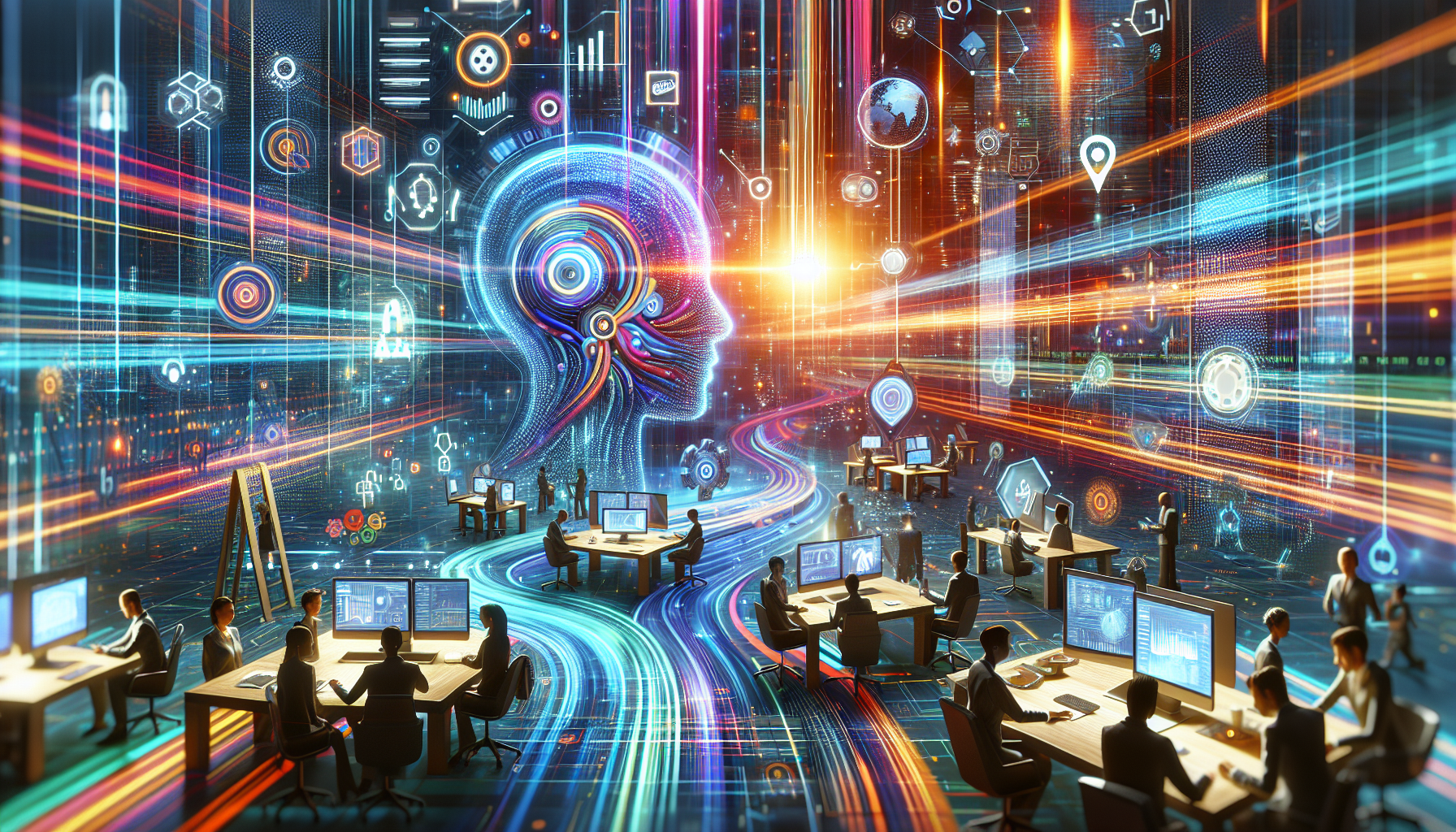 an image of a futuristic business setting representing AI lead generation for SMBs, featuring a dynamic digital interface, chatbots, predictive analytics, and personalized campaigns, with graphical elements like flowing data streams and interconnected networks, using a color palette of '#689fb0', '#9ec5d1', '#6972ad', '#474f91', '#fff', conveying innovation, efficiency, and creativity
