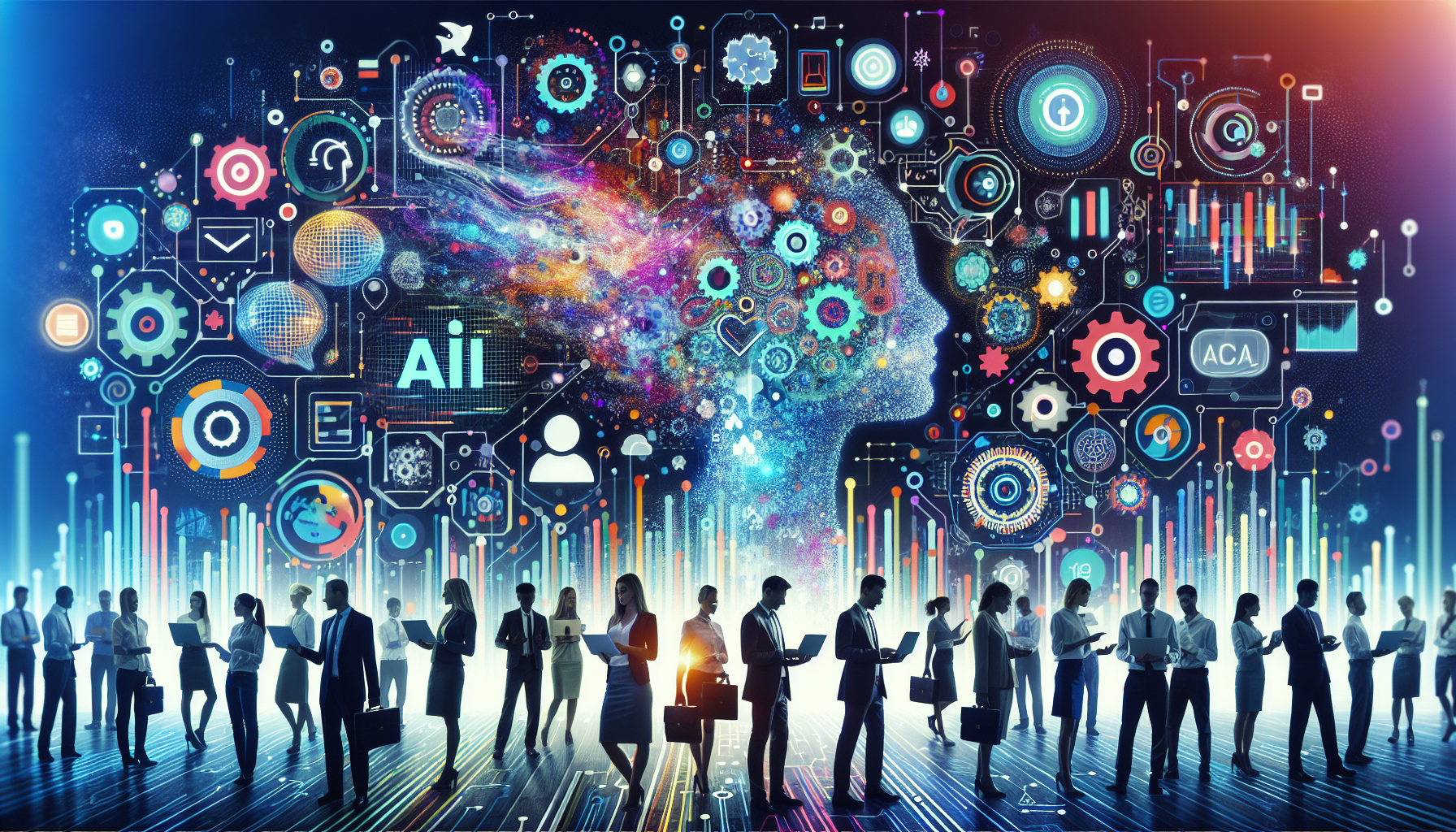 an image of a vibrant 16:9 scene representing AI marketing as an exciting adventure with abstract graphics of technology, growth, and innovation. Dynamic elements such as gears, data streams, and digital patterns symbolize efficiency and data-driven insights. A diverse group of business professionals interact with digital interfaces, emphasizing personalization. The central text reads: 'Unleash AI Marketing: Your Next Adventure Awaits!' The color palette includes #689fb0, #9ec5d1, #6972ad, #474f91, and #fff, conveying energy, innovation, and forward-thinking.