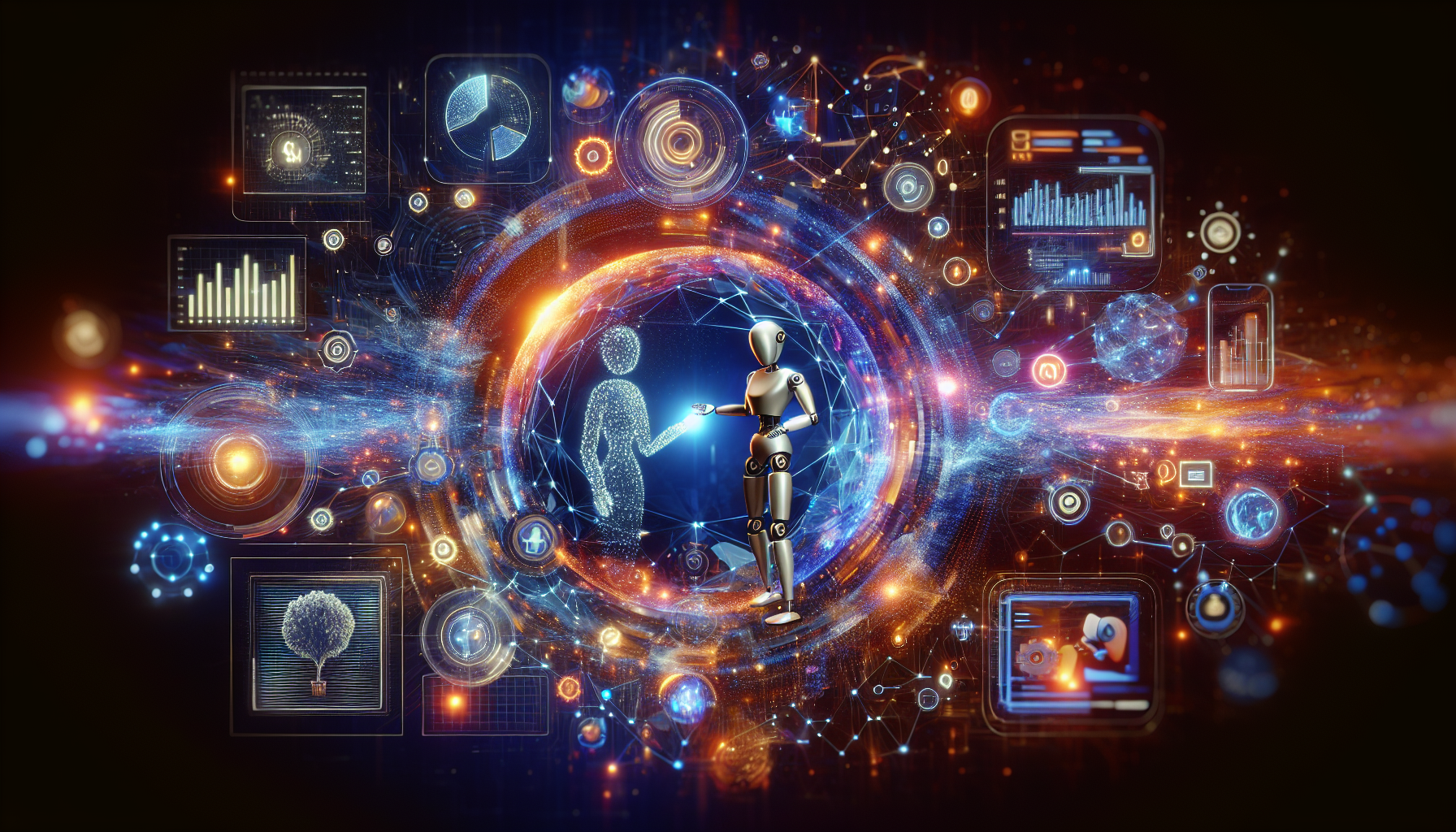 an image of a futuristic AI-powered digital assistant engaging with a business owner, surrounded by symbols of AI benefits such as graphs, charts, personalized interaction icons, and cost-efficiency symbols, representing 5 Exciting Reasons to Choose AI Marketing