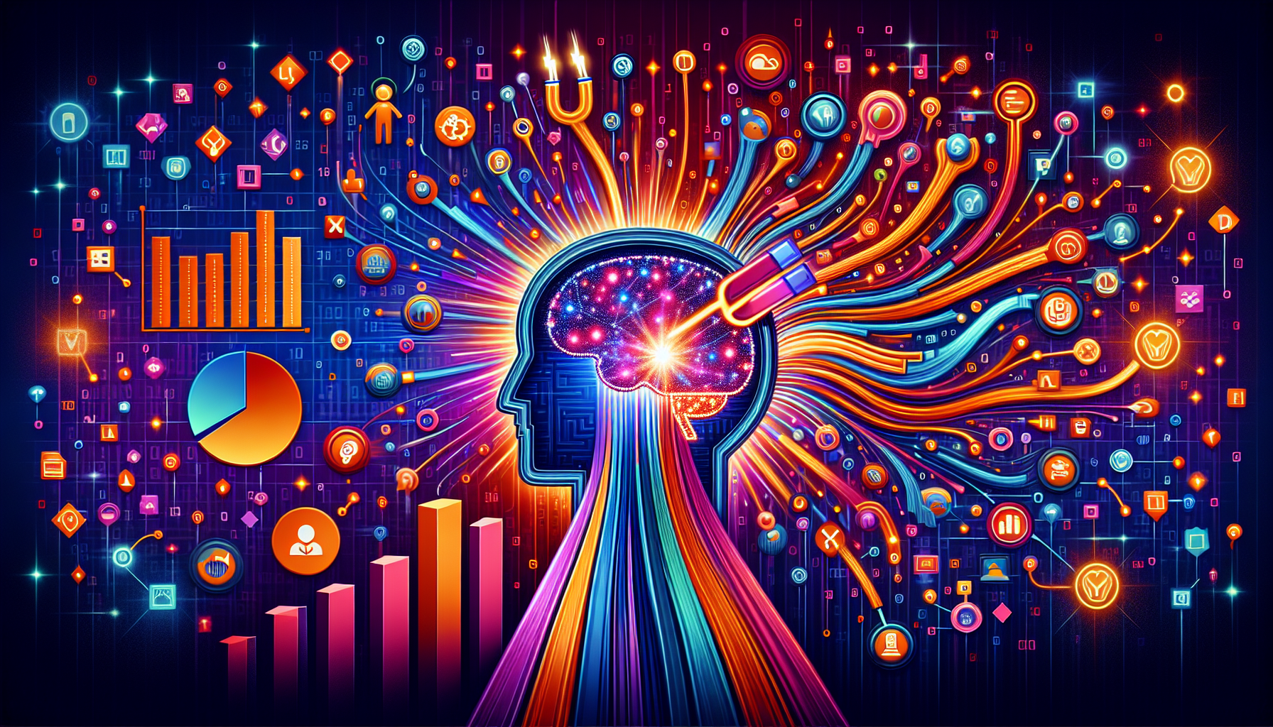 A vibrant and futuristic 16:9 digital illustration depicting AI-driven lead generation transforming business strategies. The image symbolizes the fusion of technology and creativity, with AI as a guiding force leading businesses toward success. It features a dynamic and radiant network representing AI, connecting with elements like predictive analytics, chatbots, and personalized marketing. The specified color palette includes #689fb0, #9ec5d1, #6972ad, #474f91, with #fff highlights, evoking innovation and excitement. The background has abstract digital patterns hinting at data flow, while the foreground shows symbols of business growth such as upward graphs, a magnet attracting varied icons of potential leads, and a stylized AI brain illustrating intelligence and foresight. This visual captures the transformative power and excitement AI brings to modern lead generation strategies.
