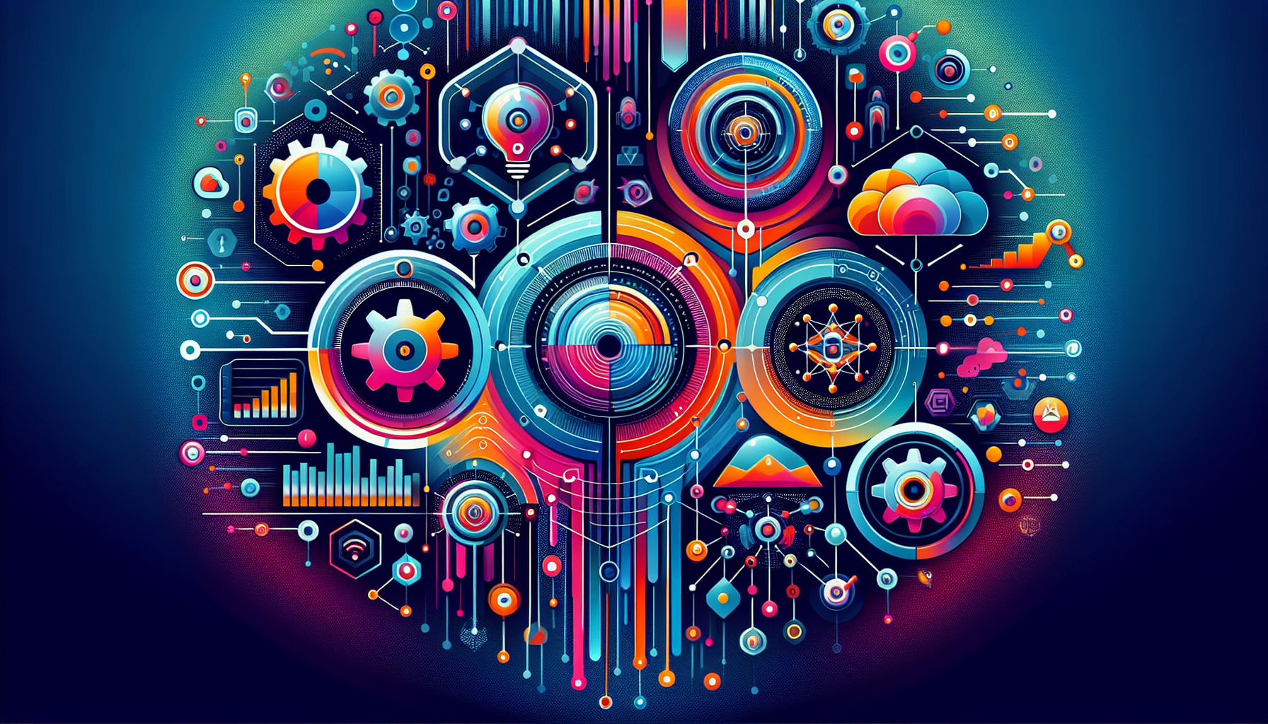a vibrant and dynamic 16:9 digital illustration representing the transformative power of AI in lead generation for SMBs. The image features abstract representations of five AI tools, symbolized by interconnected elements highlighting efficiency, accuracy, and insightful data analysis. Visual motifs of automation and engagement such as gears, digital networks, and graphs signify AI-driven processes reshaping SMB strategies. A modern color palette with hex codes ['#689fb0', '#9ec5d1', '#6972ad', '#474f91', '#fff'] is used for a sleek, high-tech aesthetic, evoking innovation and growth, capturing AI as a partner in business development.