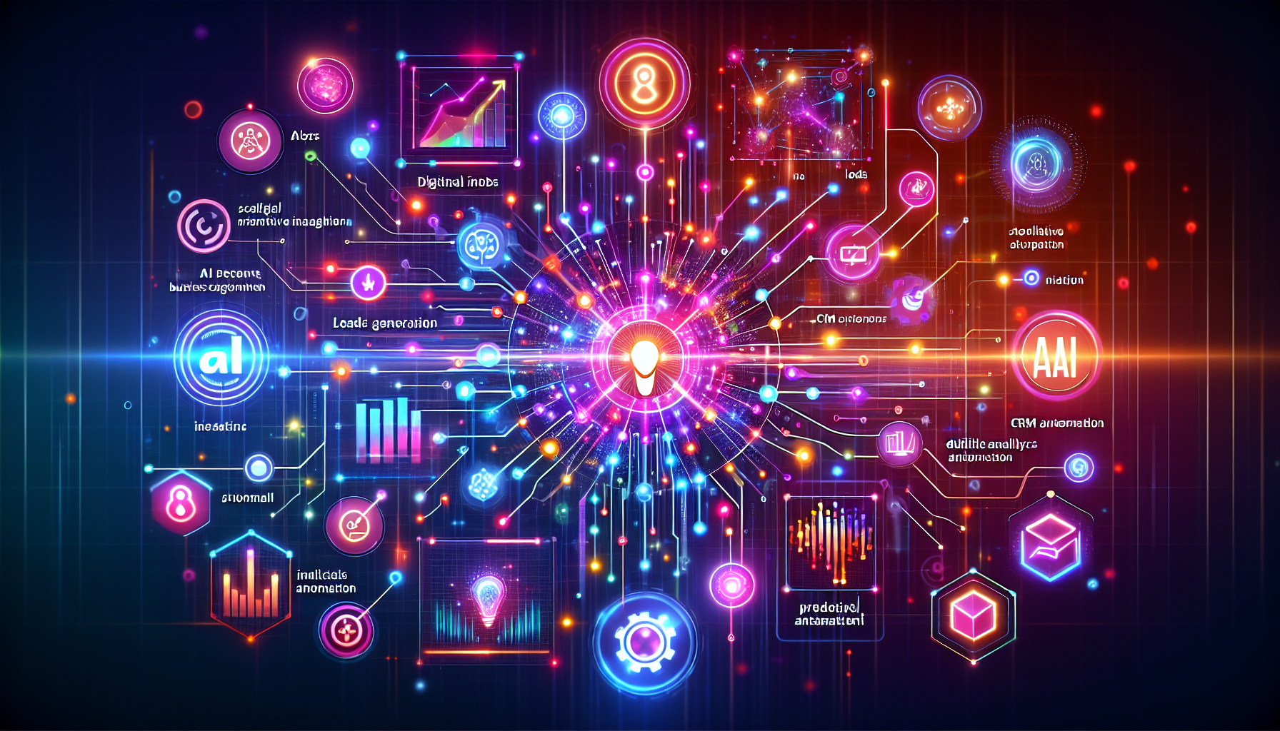 an image of a vibrant and futuristic scene representing AI Solutions to Boost Your Drive. The design features dynamic, interconnected elements symbolizing efficiency, innovation, and scalability with a central intelligent AI network and digital nodes. Elements include digital chatbots, predictive analytics graphs, and CRM automation interfaces, using colors '#689fb0', '#9ec5d1', '#6972ad', '#474f91', with accents of '#fff'. The image conveys technological advancement and business empowerment, capturing AI's transformative power in driving business success.
