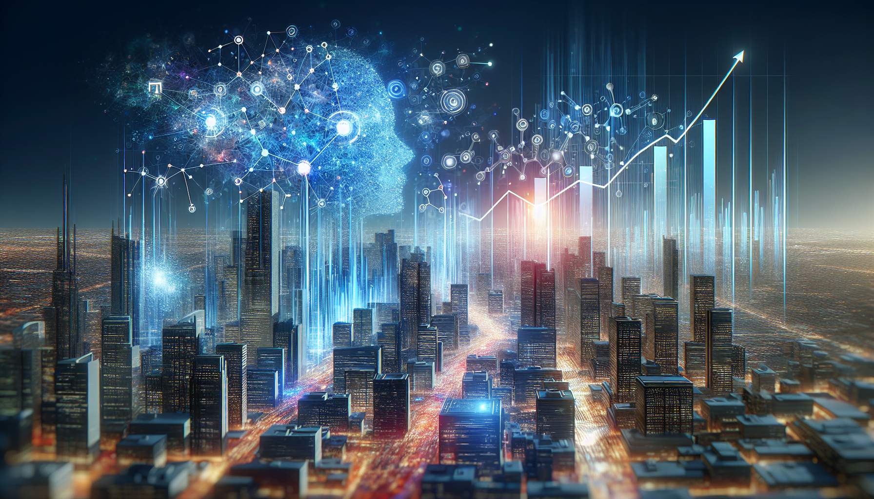 an image of a futuristic cityscape representing How 7 AI Lead Generation Tools Drive Success with neural networks and digital connections in a color palette of blue hues and white, symbolizing data analysis, precision targeting, and business success.