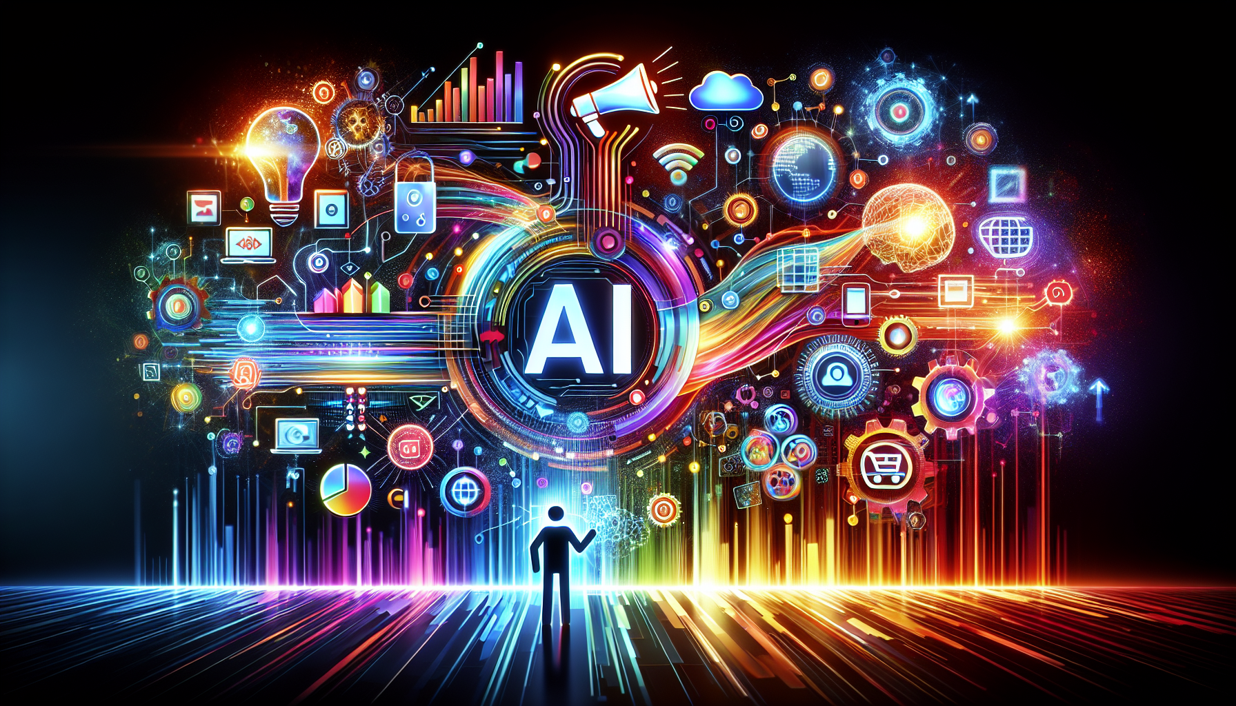 an image of futuristic AI marketing concepts with digital networks, data streams, and traditional marketing symbols like a megaphone and shopping cart. A human silhouette interacts with digital elements, using a color palette of #689fb0, #9ec5d1, #6972ad, #474f91, and #fff. The image conveys themes of automation, personalization, and efficiency, with subtle icons like gears and analytics graphs, and includes the text overlay 'AI Marketing: Unlock Your Business's Full Potential'. This visually represents '5 Reasons Why AI Marketing Is Your Next Vision'.