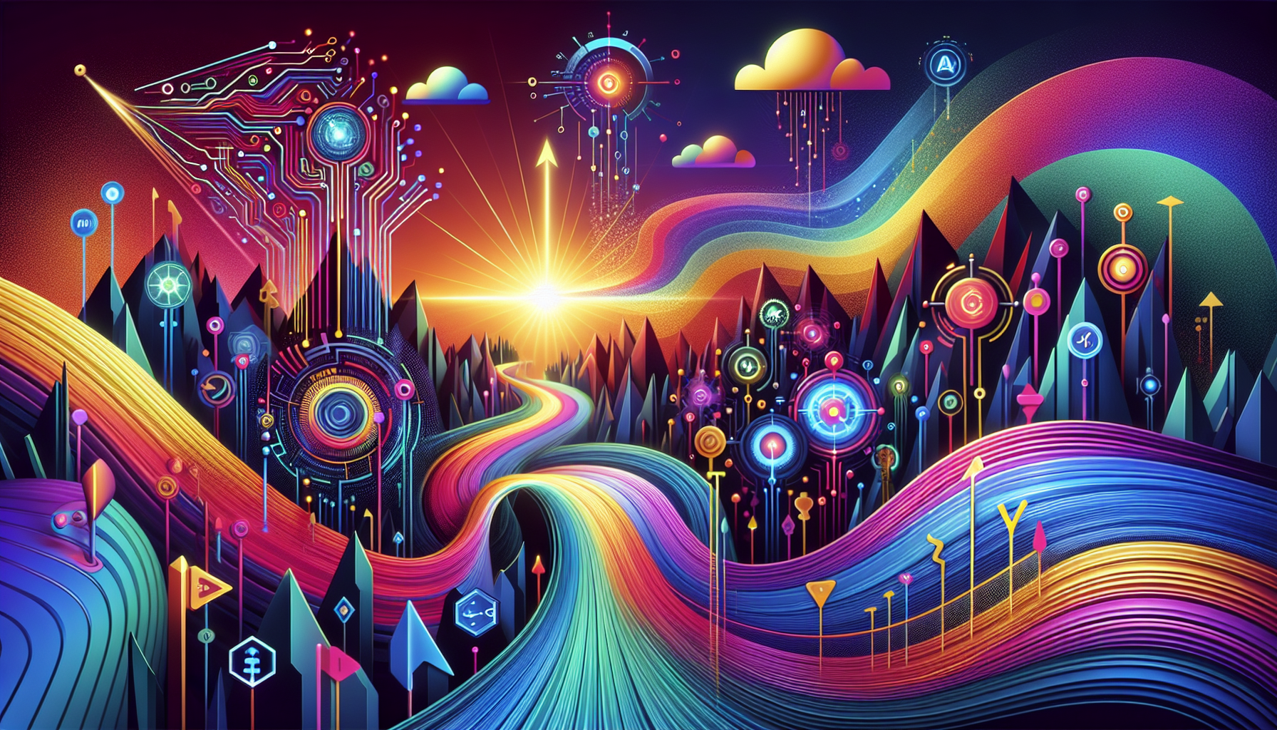 an image of a futuristic landscape representing AI marketing journeys with elements like digital compasses, data streams, AI-driven machines, upward-moving arrows, and flourishing pathways, using colors #689fb0, #9ec5d1, #6972ad, #474f91, #fff