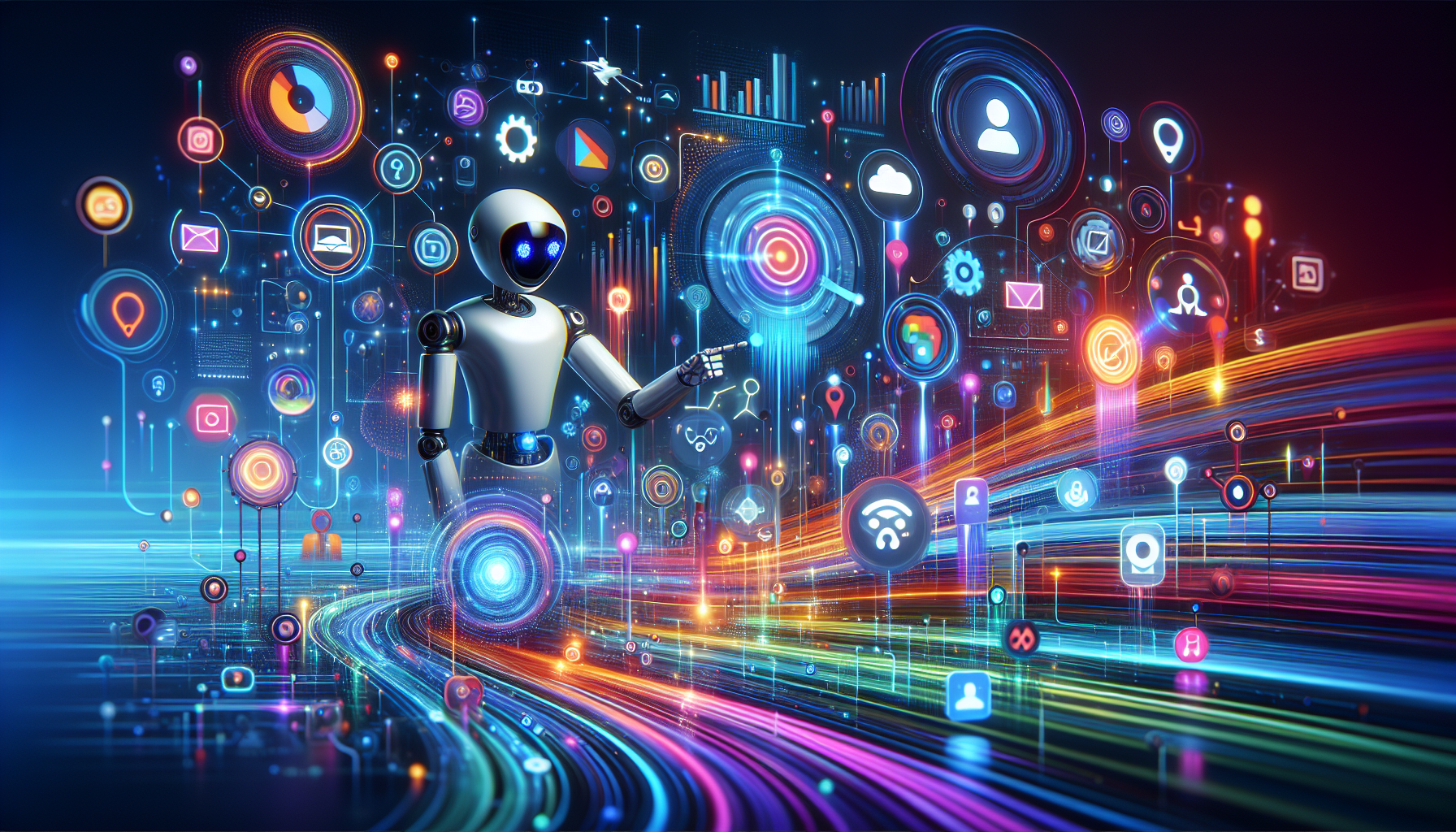 A vibrant and dynamic 16:9 image representing AI lead generation transforming ventures, featuring a futuristic digital landscape with flowing data streams, interconnected network nodes, and a stylized AI-powered assistant interacting with diverse digital devices. The image uses a modern color palette of '#689fb0', '#9ec5d1', '#6972ad', '#474f91', and '#fff', symbolizing innovation and technological advancement with elements like predictive analytics, chatbots, and personalized content, reflecting a forward-thinking approach to AI-enhanced marketing strategies for small and medium-sized businesses.