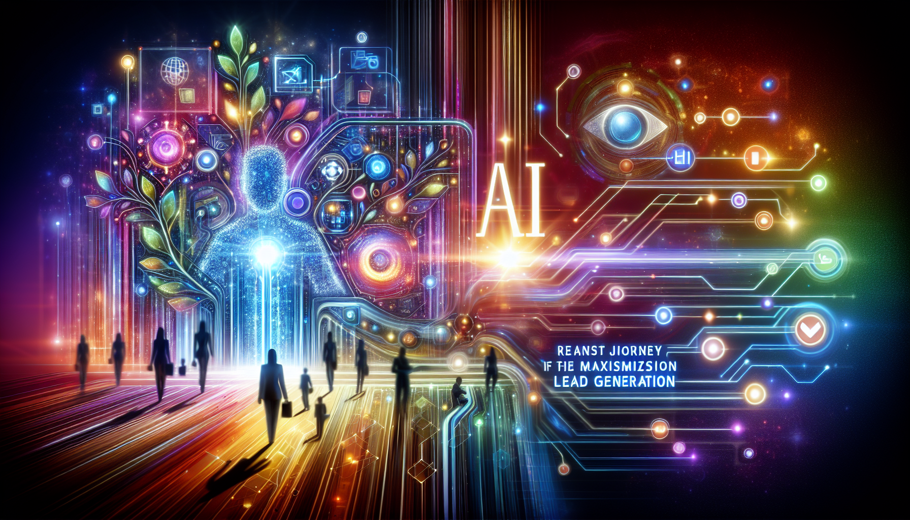 an image of a futuristic and vibrant representation of AI lead generation in marketing, featuring abstract AI systems, data flow, and connectivity, using hex colors #689fb0, #9ec5d1, #6972ad, #474f91, and #fff, representing The Exciting Path of AI Lead Generation