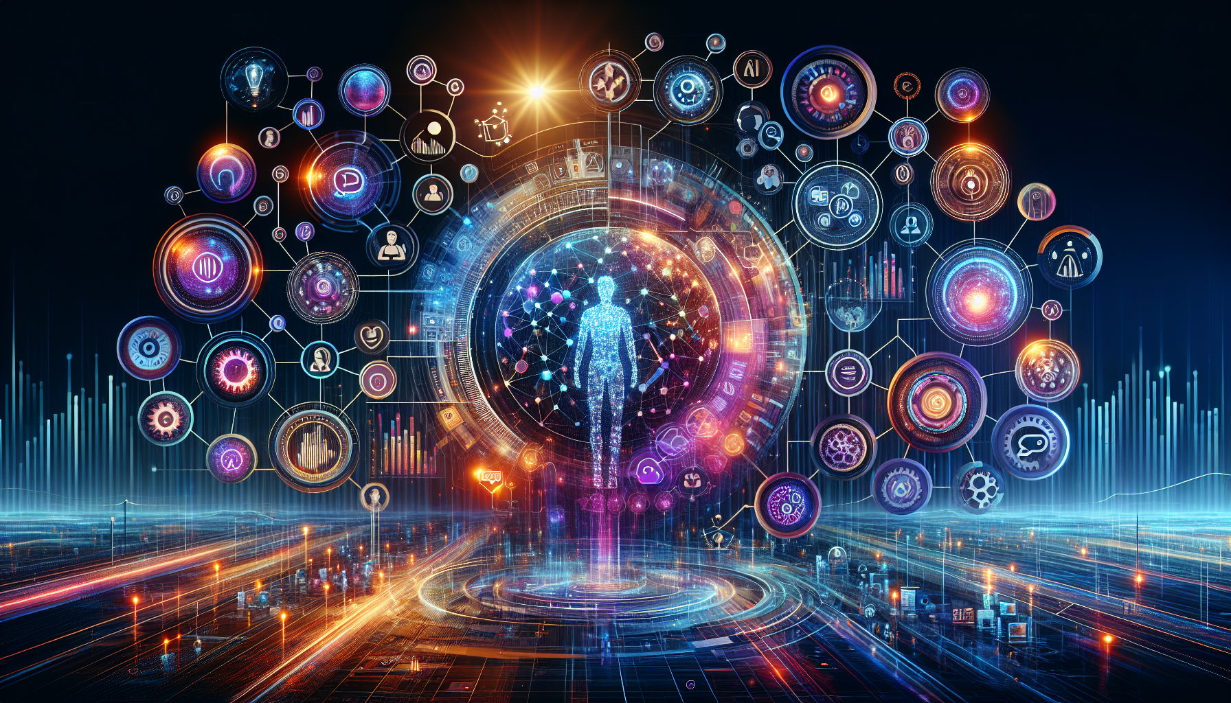 A vibrant 16:9 visual showcasing the AI marketing revolution in business strategies, as described in 'What 8 AI Techniques Propel Your Adventure.' The image features a futuristic digital landscape with interconnected AI technologies like Predictive Analytics, NLP, Machine Learning, and Chatbots. It includes elements symbolizing efficiency, personalization, and innovation, such as glowing data pathways, digital avatars, and interactive interfaces. The color scheme uses hex codes ['#689fb0', '#9ec5d1', '#6972ad', '#474f91', '#fff'] to evoke modernity and precision. Subtle imagery of business operations enhanced by AI, like effortlessly turning gears and digital graphs showing growth, is present. The image incorporates digital text or icons of the 8 AI techniques, along with symbolic marketing adventure elements like a compass or map, guiding viewers through AI's transformative journey for businesses.