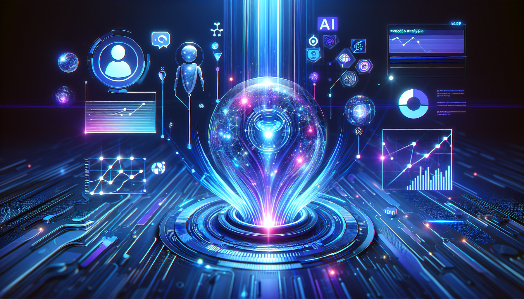 an image of a futuristic scene representing AI lead generation with a digital crystal ball, glowing data patterns, chatbots, personalized content streams, and social media insights, using a color palette of deep blue, light blue, lavender, navy, and white.