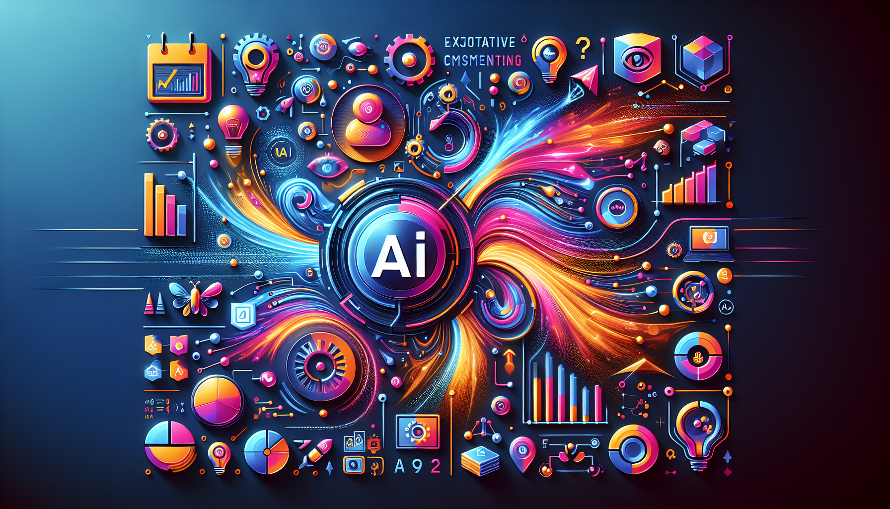 an image of AI marketing's transformative impact on modern business strategies, representing predictive analytics, personalized customer experience, marketing automation, enhanced content creation, and improved decision-making. The Top 5 Exciting Visions for Choosing AI Marketing are depicted with futuristic and creative elements, abstract symbols for data-driven insights, automation, and personalization, and a harmonious color palette featuring #689fb0, #9ec5d1, #6972ad, #474f91, and #fff.