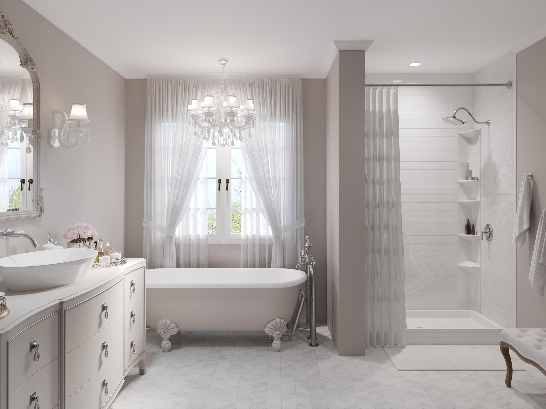 Elegant bathroom with a freestanding clawfoot bathtub, chandelier lighting, and a tiled walk-in shower with white curtain and built-in shelving.