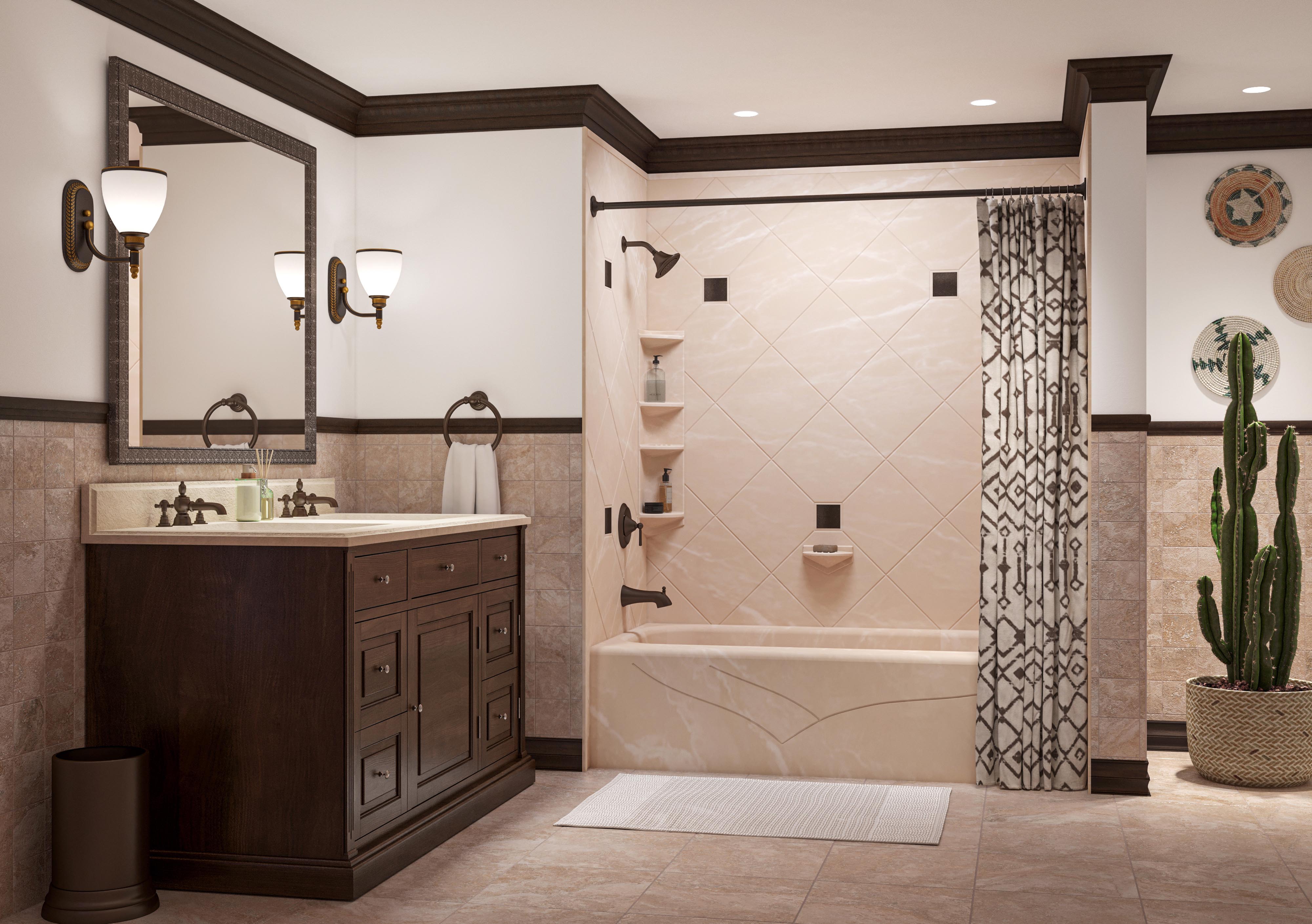 Warm-toned bathroom with a beige tiled shower-tub combo, dark wood vanity, and decorative lighting. Features include patterned shower curtain, wall-mounted baskets, cactus plant, and rustic accents for a Southwestern-inspired design.