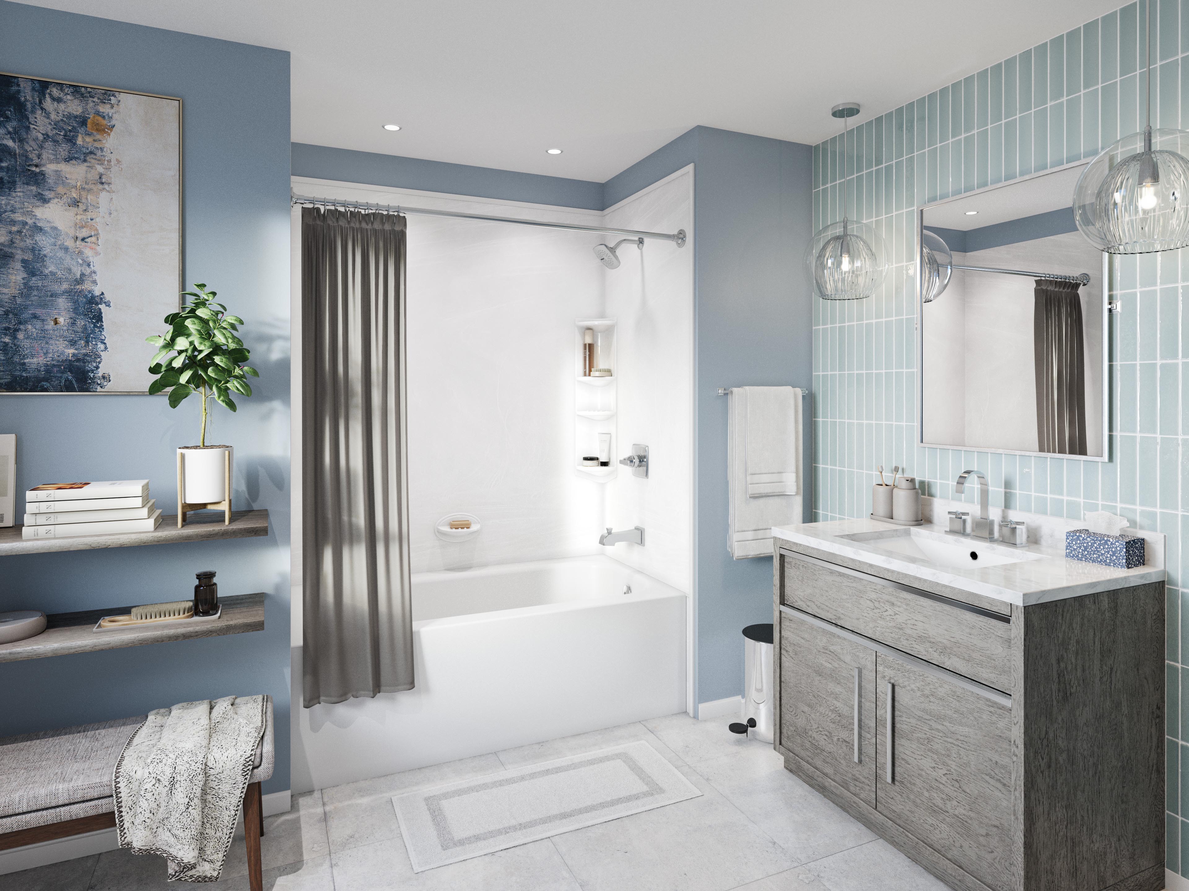 Modern bathroom with soft blue and white tones, featuring a sleek bathtub with gray curtain, wood-textured vanity with marble countertop, wall-mounted shelves with books and décor, and a tiled accent wall with globe pendant lights.