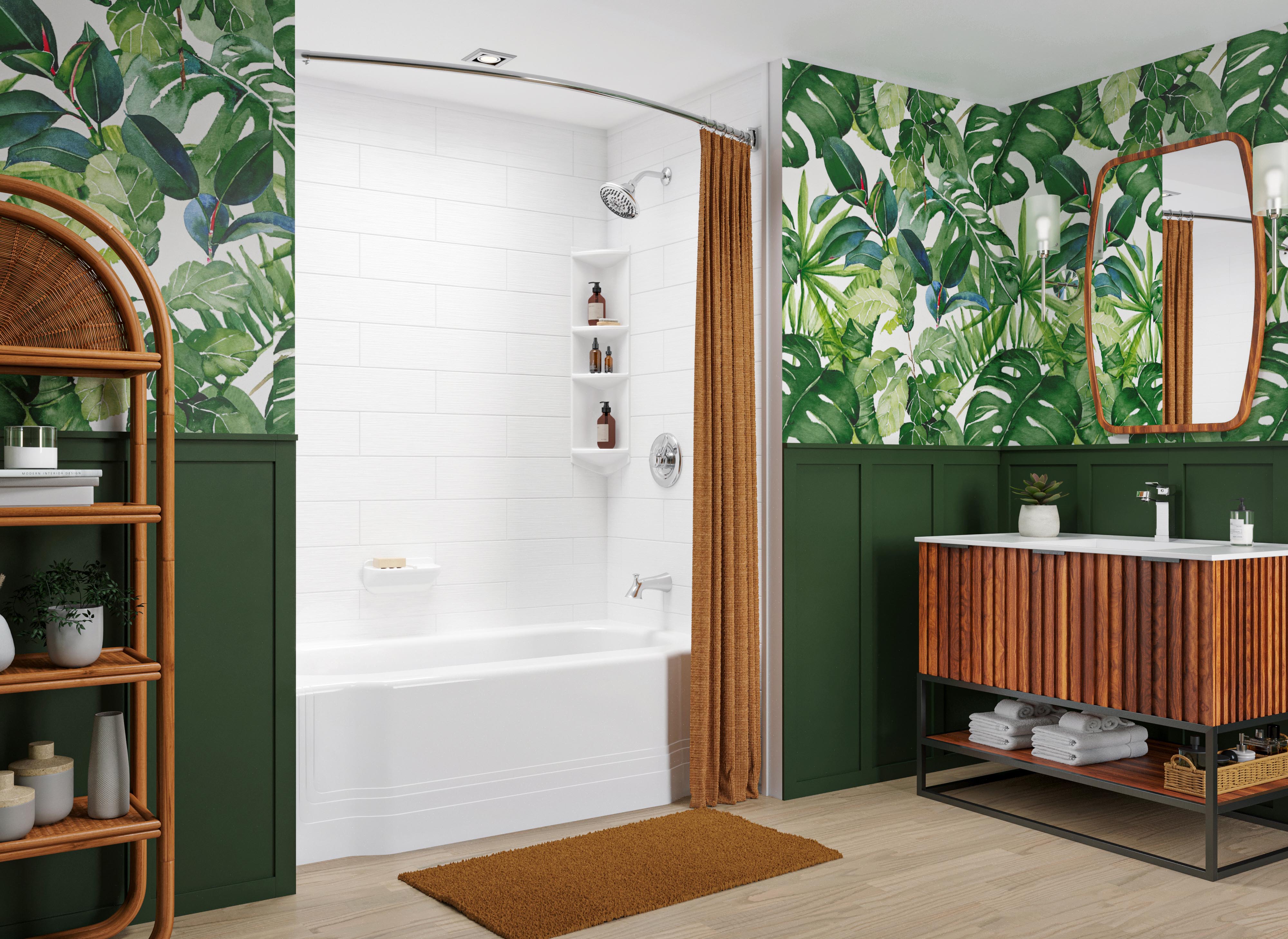Tropical-themed bathroom with a white tile bathtub, rust-colored shower curtain, and green botanical wallpaper. Features a wood-slat vanity with a white countertop, matching mirror, and potted plant decor, creating a lively, nature-inspired atmosphere.