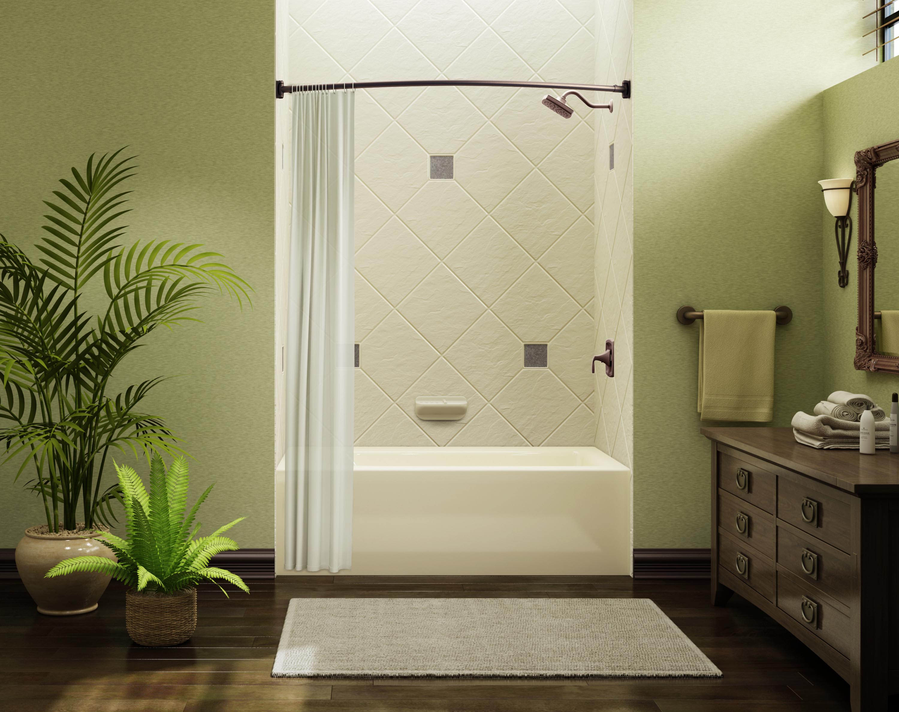 Traditional bathroom with sage green walls and warm lighting, featuring a cream-colored bathtub with diamond-patterned tile surround. The space includes dark wood cabinetry, bronze fixtures, a beige curtain, and lush potted plants for a natural, spa-like feel.
