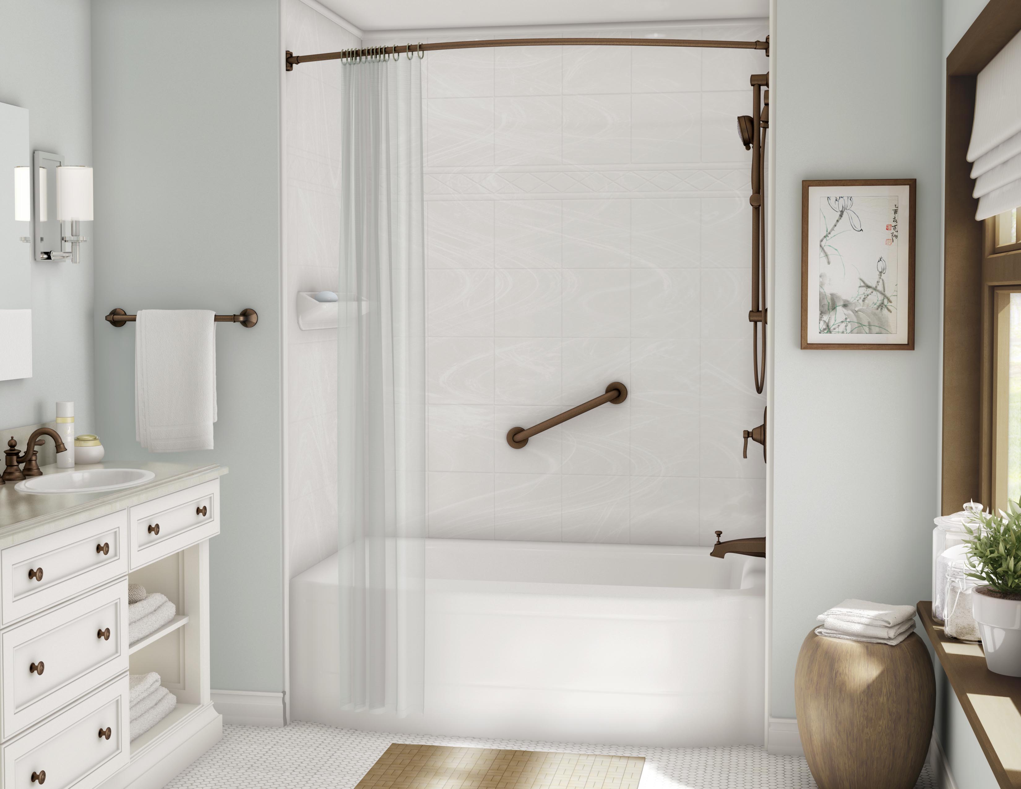 Traditional bathroom featuring a white bathtub with safety grab bars and a bronze handheld shower. The design includes a white vanity with bronze fixtures, soft mint green walls, sheer shower curtain, and natural light from a large window with Roman shade.