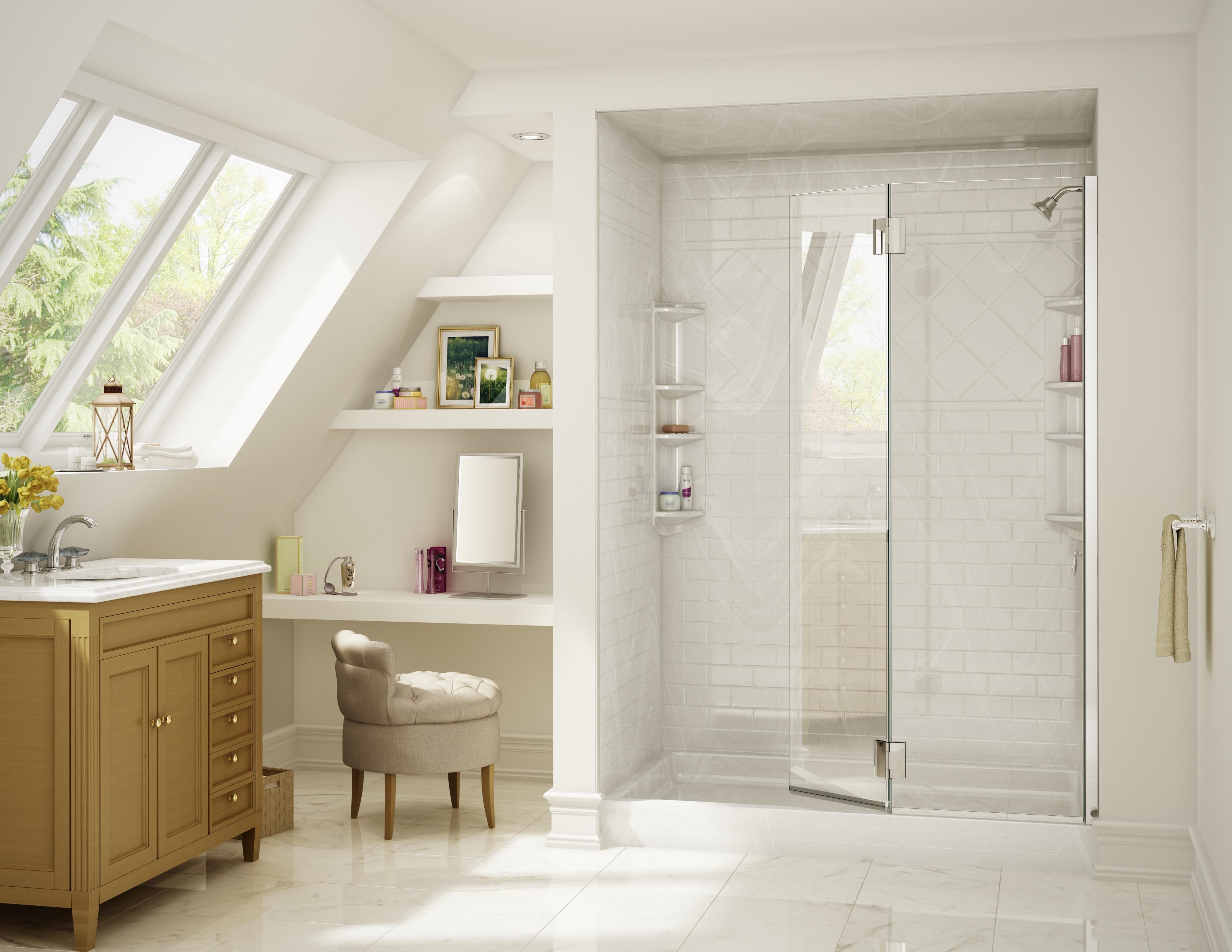 Bright, airy bathroom with a glass walk-in shower, white tile walls, and built-in corner shelving. The space features slanted skylight windows, a wooden vanity with a marble top, a built-in makeup desk with a tufted chair, and polished marble floors.