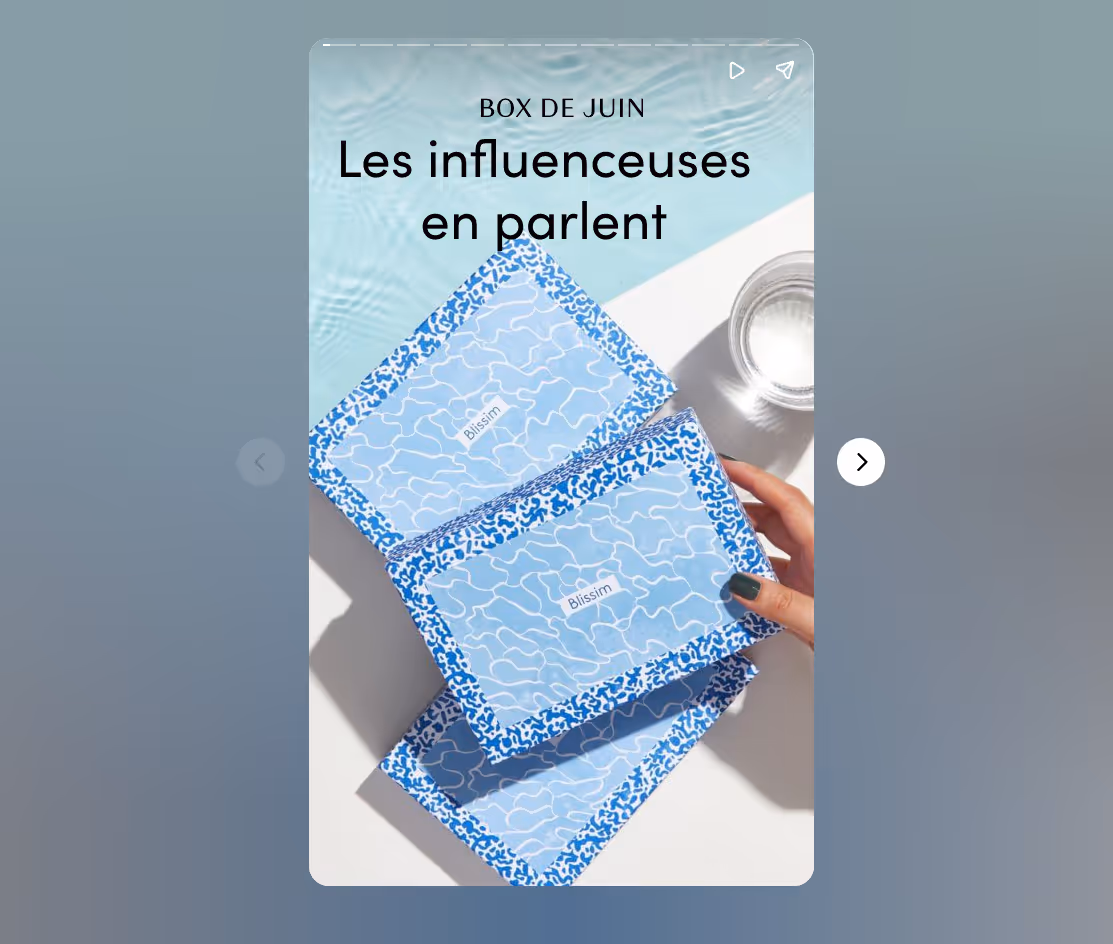 Exemple de web story créée par Blissim pour sa box beauté de juin