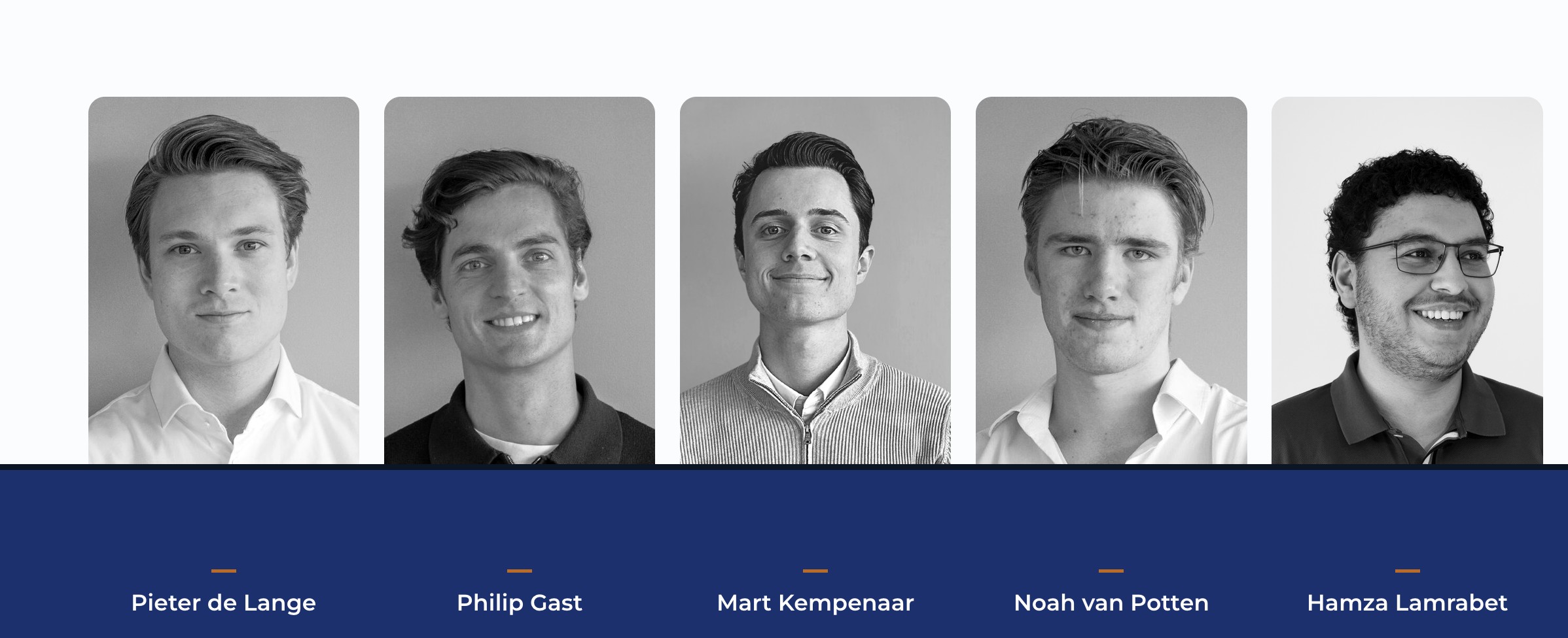 De AI-engineers die aan dit project werkten: Pieter de Lange, Philip Gast, Mart Kempenaar, Noah van Potten en Hamza Lamrabet