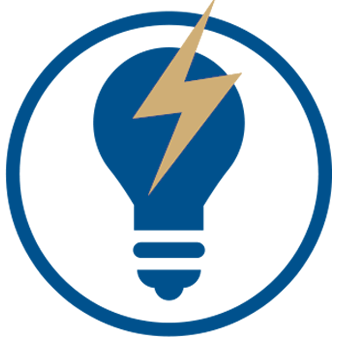 Forward Thinking Icon - a lightbulb in hhhunt blue with a lightning bolt over top in hhhunt gold