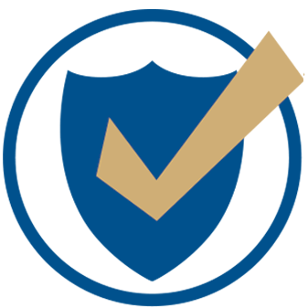 Trust Icon - a shield in hhhunt blue with a check over top in hhhunt gold