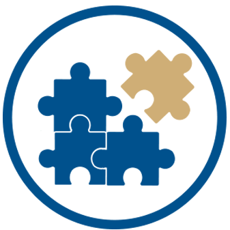 Collaboration Icon - three blue puzzle pieces put together, a fourth gold puzzle piece is about to connect to the others