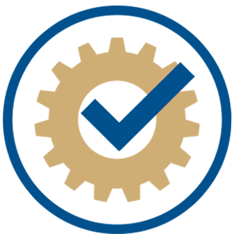 Competence Icon - A gear in hhhunt gold with a checkmark in the center in hhhunt blue