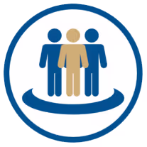 employee centered icon - three figures in hhhunt blue and gold standing side by side