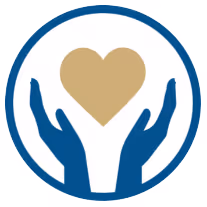 engaged community partner icon - hands in hhhunt blue hovering on each side of a heart in hhhunt gold