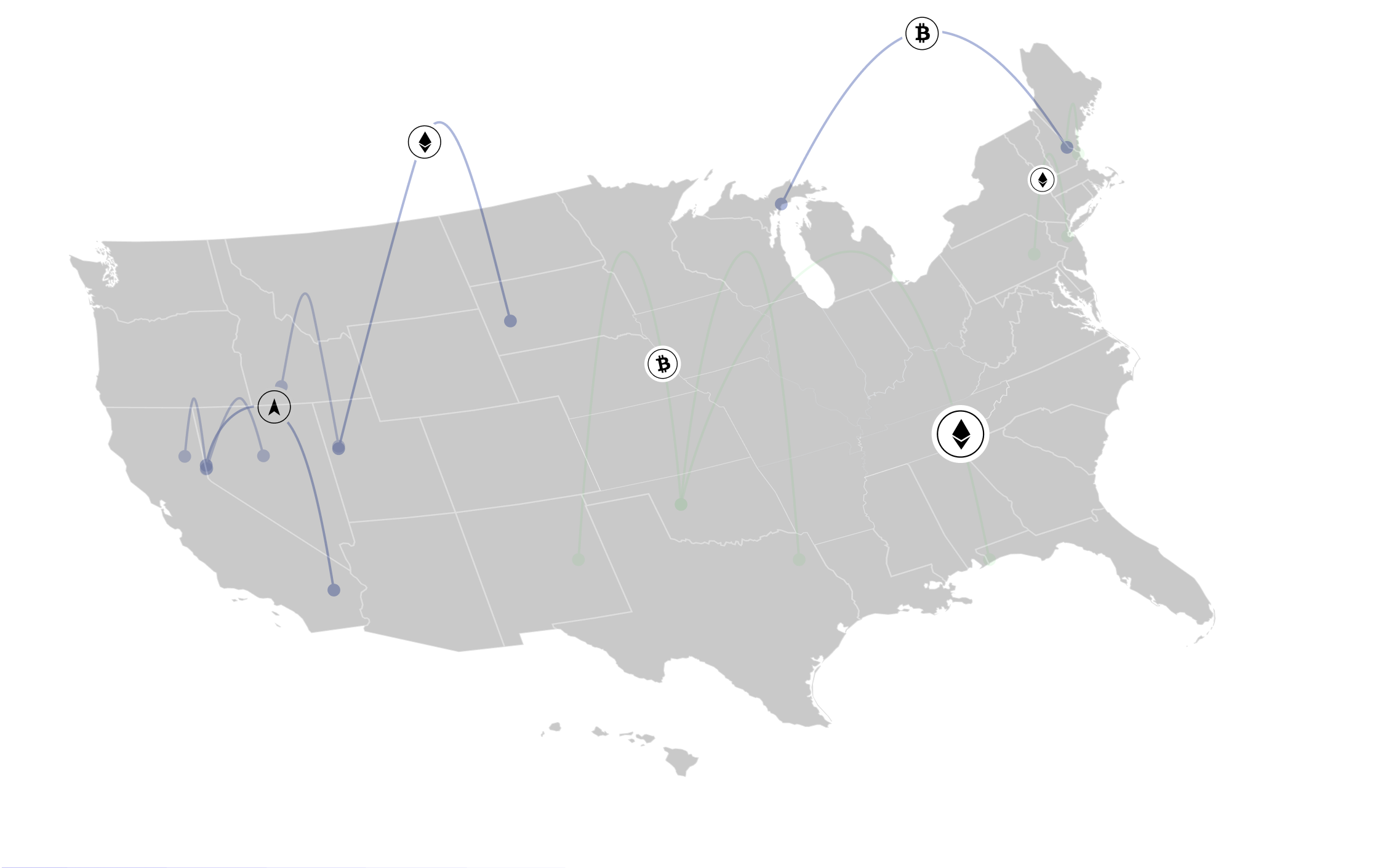 US map with connected points showing crypto data visualization route
