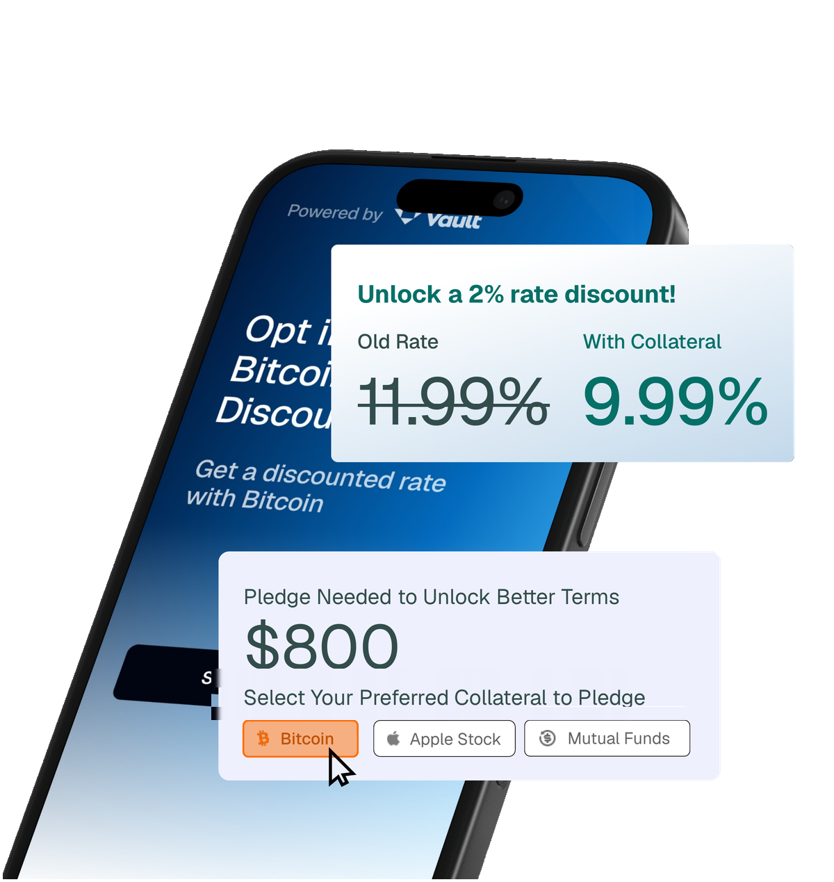 Vault app screen showing a borrower selecting collateral to pledge (Bitcoin, Apple stock, or mutual funds) to unlock a lower loan rate