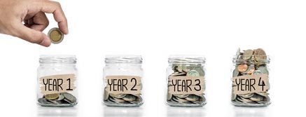 jars of coins labeled year 1, 2, 3, 4