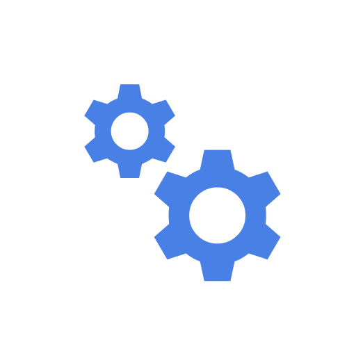 Two blue interlocking gears on a white background representing mechanical operations.