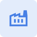 Blue factory icon with smokestack on light blue rounded square background.