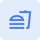Icon of a burger and a takeaway drink cup in blue on a light blue rounded square background.