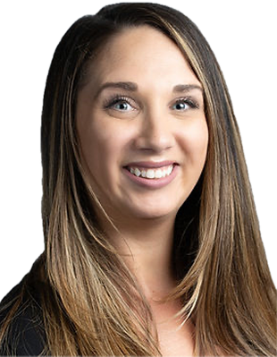 Woman with long brown hair smiling against white background