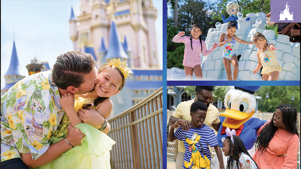Families enjoying magical moments at Walt Disney World, including a father hugging a princess-dressed child, kids playing in water, and Donald Duck greeting guests.