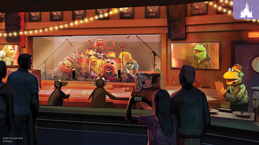 Artist concept of the Electric Mayhem rehearsing at G-Force Records in Rock 'n' Roller Coaster Starring The Muppets at Disney's Hollywood Studios